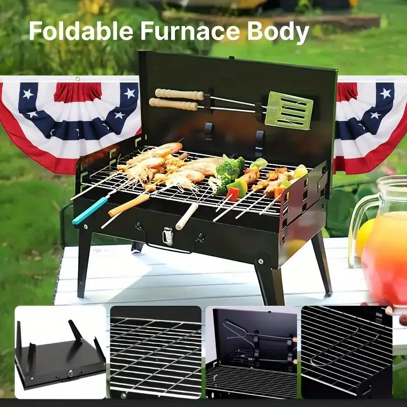 Barbecue Charcoal Grill Folding Portable, Windproof and thickened tool box design, durable, foldable structure lightweight and compact (Color: Black)