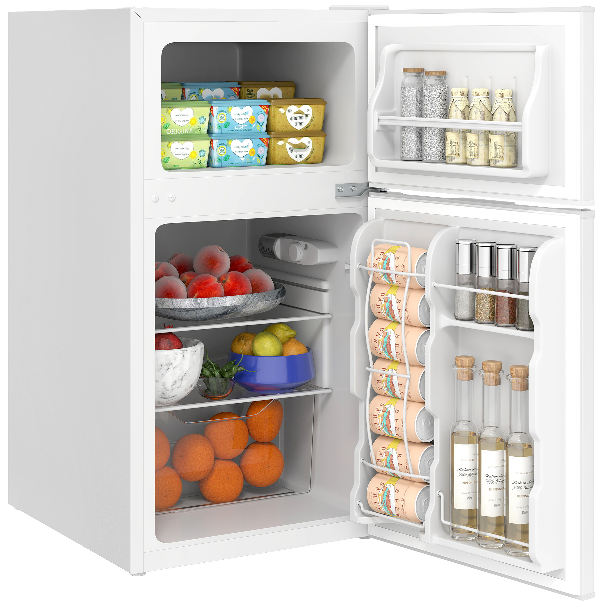 Mini Fridge with Freezer, 3.2 Cu., Double Door Compact Refrigerator with Adjustable Thermostat, Shelf and Reversible Door (Option: White-490x540x950 mm)